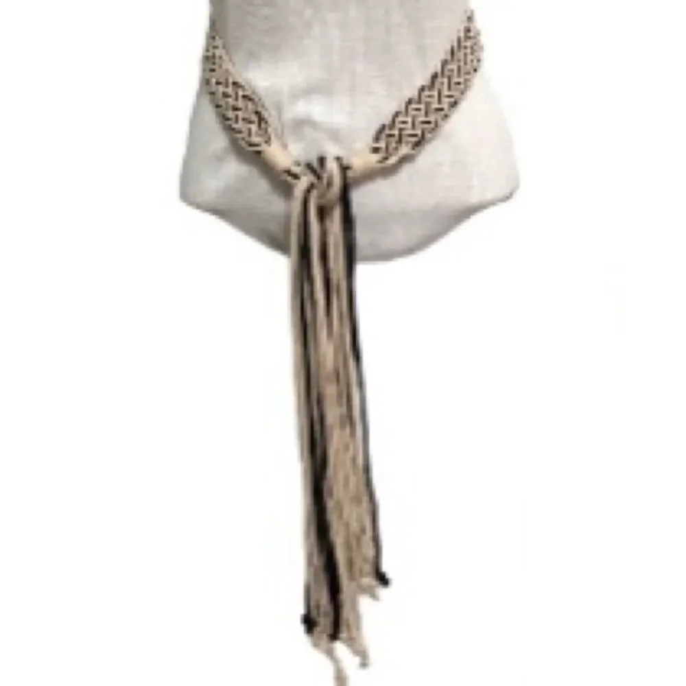 MACRAME Boho Gypsy Hippie Belt with Cords Waist Navy Blue Beige 36 inches